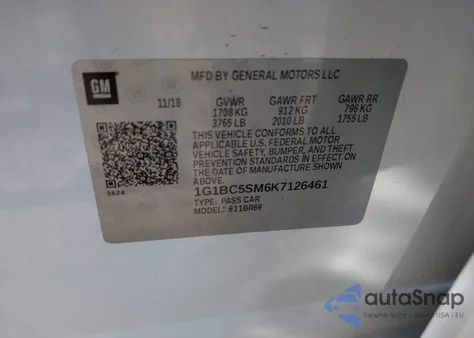 2019 Chevrolet Cruze Ls z USA, uszkodzony, nr VIN 1G1BC5SM6K7126461